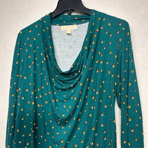 Michael Kors Green Drape Neck Top Medium Gold Print Long Sleeve Blouse - Picture 4 of 11